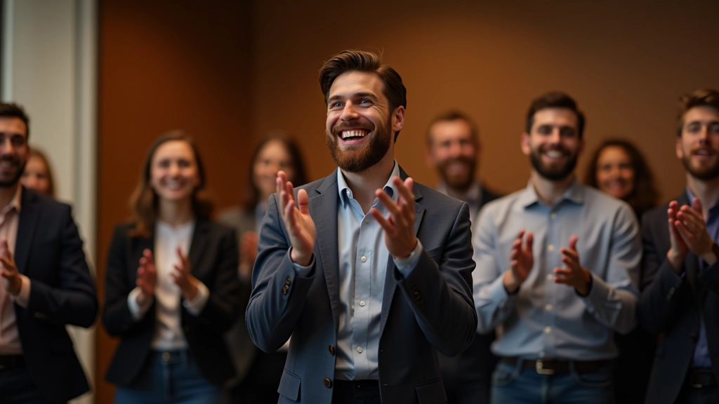 Groupe diversifié de personnes dans un club de prise de parole, applaudissant un orateur, environnement accueillant et positif