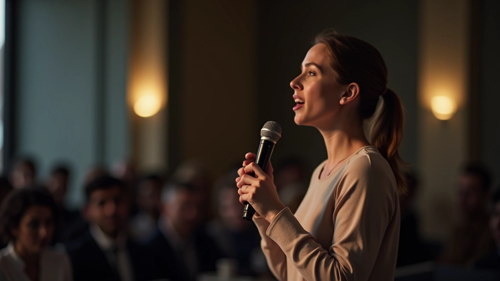 Femme orateur utilisant la variété vocale et le langage corporel pour engager son auditoire avec énergie et passion