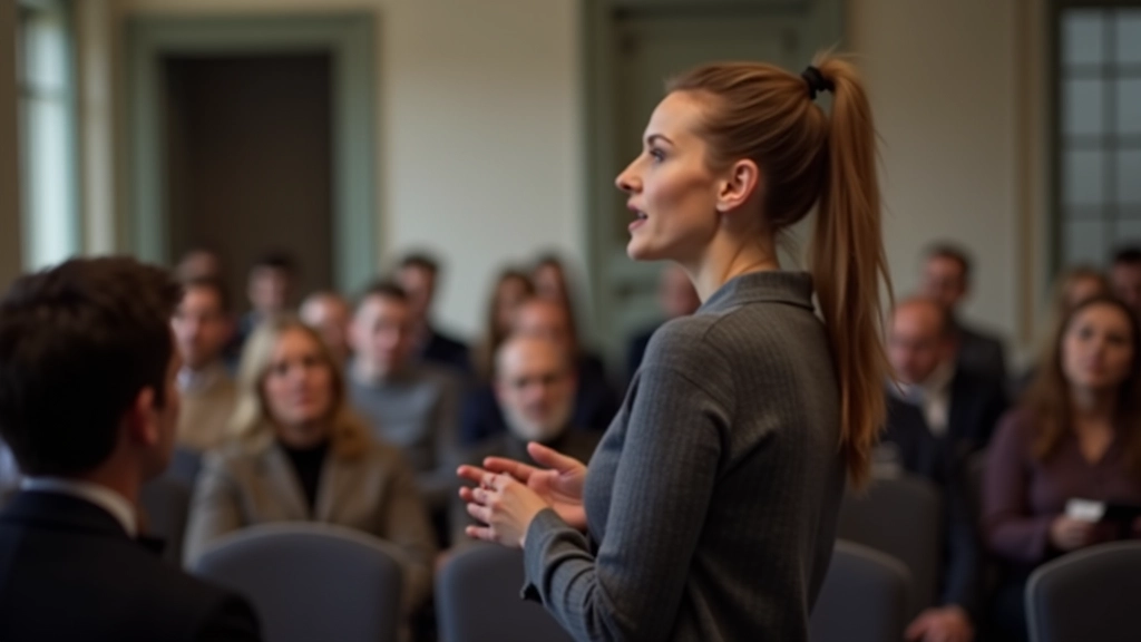 Femme parlant en public avec confiance devant un auditoire attentif