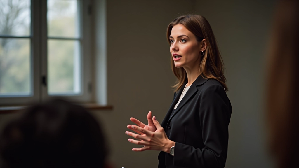 Femme présentant avec assurance devant une audience, utilisant des gestes expressifs et une posture confiante