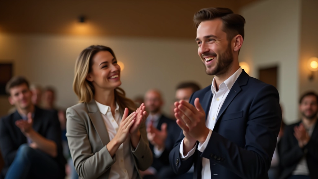 Participants d'un club de prise de parole applaudissant un orateur après son discours réussi