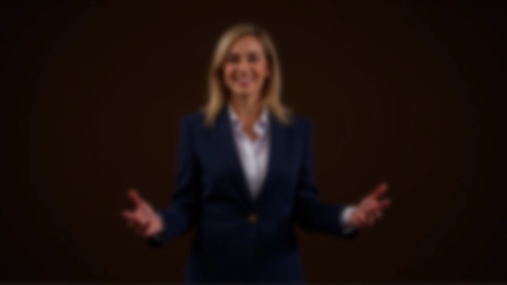 Présentatrice en costume professionnel, debout avec posture ouverte, bras légèrement écartés, contact visuel direct