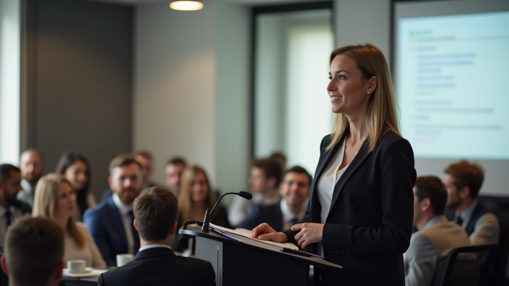Une femme présentant avec confiance devant un public attentif